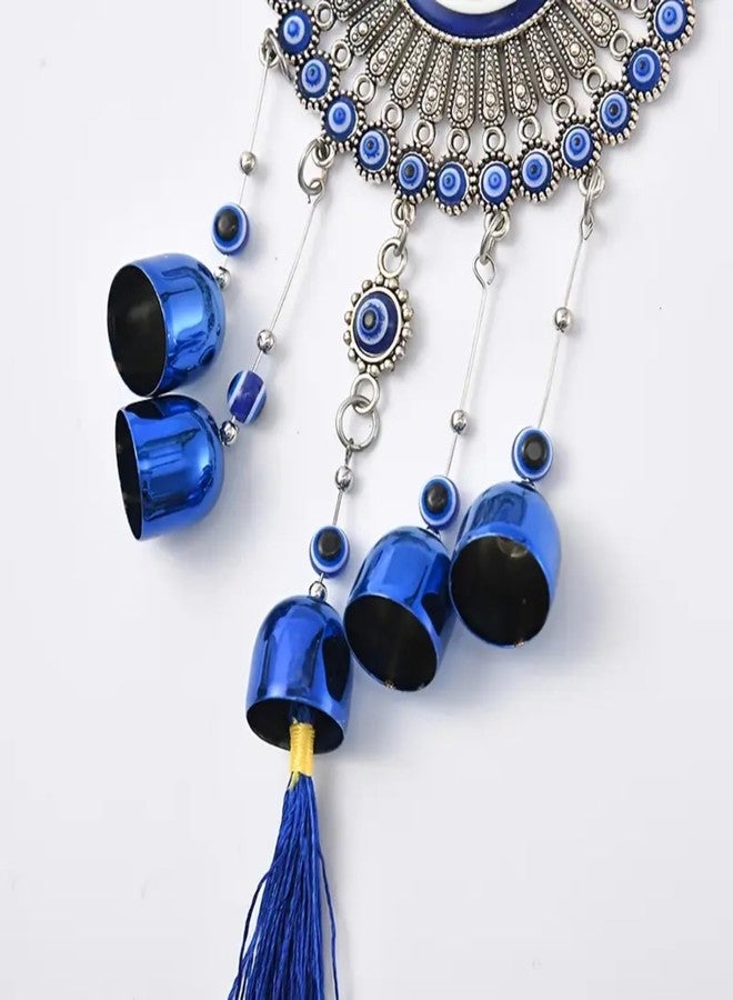 جو هوكد جرس معلق على شكل عين الحسد من جو هوكد، طوله 35 سم - ديكور حائط نزار باتو مع 5 أجراس زجاجية زرقاء وشرابة | تميمة حماية منزلية، تميمة حظ، زينة جدارية على شكل عين الحسد (التصميم أ) - Image 3